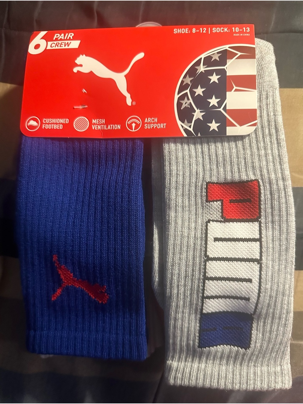 6 Puma Men’s Crew Socks - Blue & Gray with Red Accents, World Cup Soccer Theme